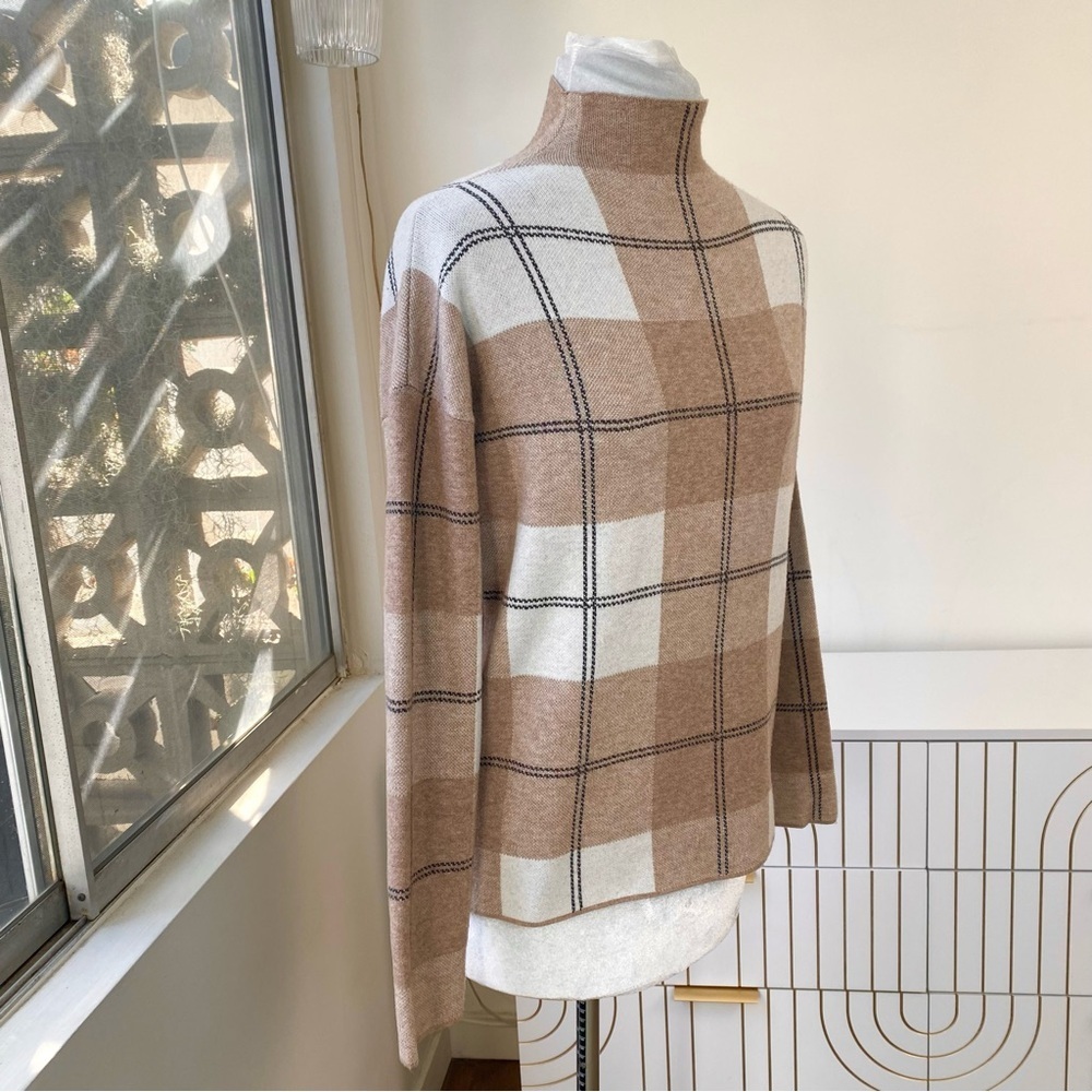 Rachel Zoe Neutral Plaid Mock Neck Sweater Cozy Winter Minimalist Knit, Size M - Picture 6 of 8